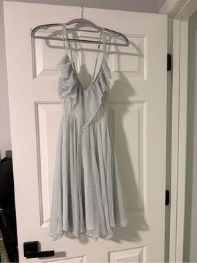 GUESS Pale Blue and White Striped Ruffle Mini Dress